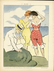 Illustrasjon av Paul Balluriau (1860-1917) i Le Rire, 01/08/08 - Strender - Fritid, Kjærlighet, Mote, Maritime Marine Seaside, Badetøy