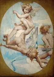 Ovale paneler i Grand Foyer viser putti med musikkinstrumenter: trompet, trekant og cymbaler …
