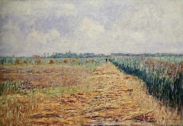 Et flatt nederlandsk landskap under en sommerhimmel med klare hvite skyer, ca. 1890 (olje på lerret)