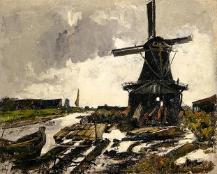Holland, et kanallandskap med en vindmølle i tresag, ca. 1885 (olje på lerret)