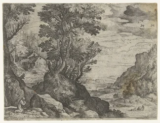 Fjelllandskap med bedende eremitt