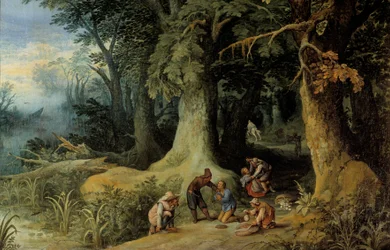 Våpenangrep i en skog En gruppe motorveibanditter. Maleri av Paul Bril (Brill) (1554-1626)