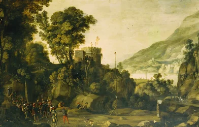 Et fjellrikt elvelandskap med en scene fra livet til William Tell,