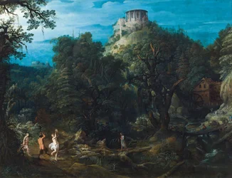 Et tett skogkledd landskap med Vesta-tempelet i Tivoli og en satyr og nymfer som danser i en dal (olje på kobber)