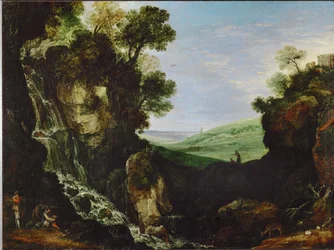 Landskap med foss og Vesta-tempelet i Tivoli