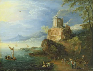 Havkysten med Vesta-tempelet (olje på panel)