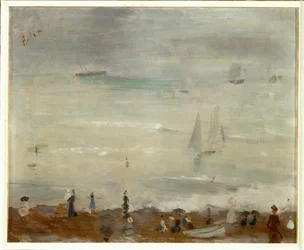På stranden, Dieppe, avtrykk, grått hav (olje på lerret)