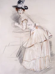 Portrett av Madame Helleu lener seg på et bord,