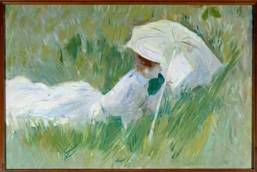 Portrett av Madame Helleu, kona til maleren, i gresset Maleri av Paul Cesar Helleu (1859-1927) før 1927, olje på lerret, Dim. 0,54x0,81 m Rouen, musee des Beaux Arts - Portrett av Madame Helleu, kona til maleren, liggende i gresset. Maleri b