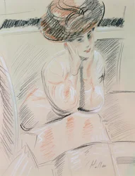 Portrett av en dame (svart, hvitt og rødt kritt på brunpapir)