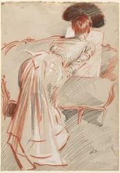 Kvinne muligens Madame Alice Hellu ser på en tegning, ca. 1895.
