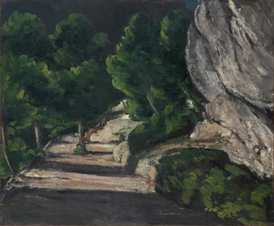 Landskap, vei med trær i Rocky Mountains, ca. 1870-71 (olje på lerret)