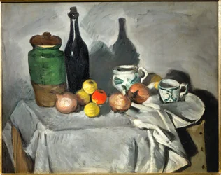 Stilleben: Potter, flaske, kopp og frukt (olje på lerret)
