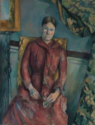 Madame Cézanne Hortense Fiquet, 1850-1922 i en rød kjole, 1888-90.