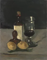 Stilleben med flaske, glass og sitroner, 1867-9