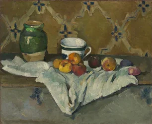Stilleben med krukke, kopp og epler, ca. 1877