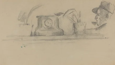 Kunstnerens far og gjenstander på en mantel [verso], 18771881.