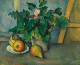 Potte med primula og frukt. 1888-90