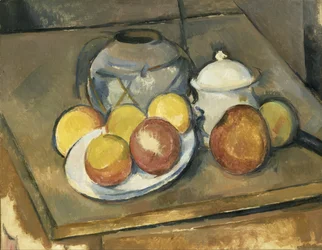 Vase, sukkerskål og epler