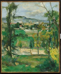 Landsby bak trær, Île-de-France, ca. 1879