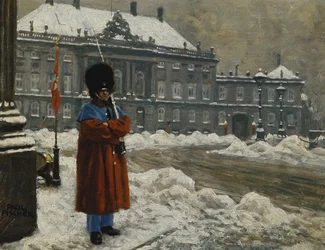 En kongelig livgarde på vakt utenfor det kongelige slott Amalienborg, København,