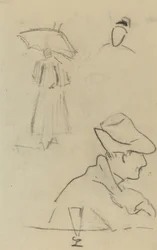 En person som holder en paraply og en sittende mann med en hatt og et glass [verso]