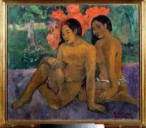 Og deres kroppes gull. To nakne tahitiske kvinner poserer. Maleri av Paul Gauguin (1848-1903), 1901. Sol. 0,67 x 0,76 m. Paris, Musée d