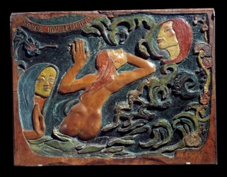 Be Mysterious Relief skåret i lindetre av Paul Gauguin (1848-1903)