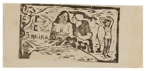 Byste av en naken kvinne og trekvartsfigur av en mann med en hvit hette i profil, tredje liten figur lengst til høyre, hodeplagg for Le sourire