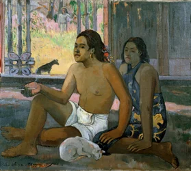 Eiaha Ohipa (Ikke arbeid. Tahitianere i et rom). Mann og kvinne fra Tahiti poserer inne i et hus. Ved føttene deres sover en hvit katt. Maleri av Paul Gauguin (1848-1903)
