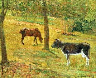 Hest og ku i en eng, 1885
