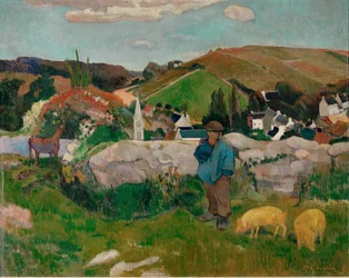 Bønder, griser og en landsby under klar himmel (olje på lerret)