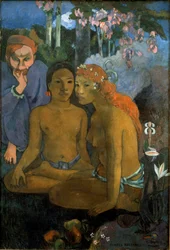 Primitive fortellinger. Unge tahitianere og den franske poeten med nederlandsk opprinnelse Jacob Meyer de Haan (Meijer de Hann) (1852-1895). Maleri av Paul Gauguin (1848-1903)