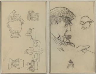 Studier av kanner og vaser; En mann med bart og en gutt med hatt [recto]
