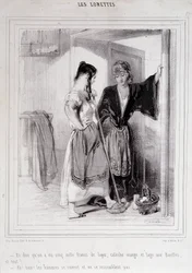 2 fattige kvinner i samtale på trappene om menn, «Les Lorettes», Gavarni, ca. 1840.