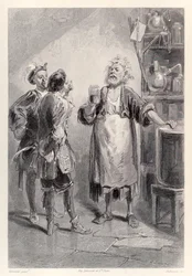 Gulliver går inn i et rom ved det store Akademiet i Lagado, fylt med en frastøtende lukt, fra den franske utgaven av «Gullivers reiser» av Jonathan Swift
