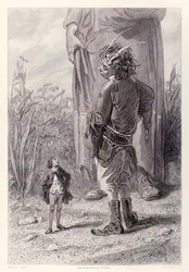 Gulliver møter Queens 30 fot høye dverg som er glad for å ha noen i retten som er mindre enn ham å plage, fra den franske utgaven av Gullivers Travels av Jonathan Swift