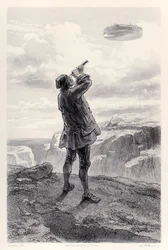 Gulliver ser den flygende øya Laputa for første gang, og undersøker den gjennom teleskopet sitt, fra den franske utgaven av Gullivers Travels av Jonathan Swift