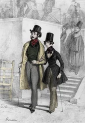 Portrett av forfatteren George Sand (1804-1876) Aurore Dupin, Baronne Dudevant, student i Paris, kledd på gutten Tegning av Paul Gavarni (1804-1866)