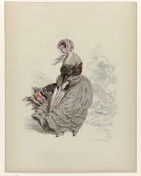 Kvinne som går i vinden med parasoll, 1840