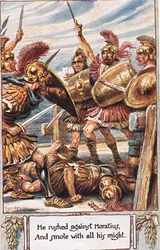 Han stormet mot Horatius og slo ham med all sin kraft, illustrasjon fra «Det gamle Romas sanger» av Thomas Babington Macaulay