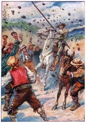 De kastet en dusj av steiner på Don Quixote, illustrasjon fra «The Adventures of Don Quixote», utgitt av G. Bell & Sons, Ltd.