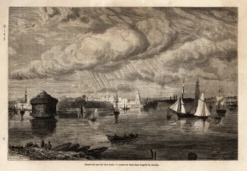 Inngangen til havnen i New York, tegning av Paul Huet (1803-1869), for å illustrere reisene til Nord-Amerika i 1854-1855, av L. Deville. Gravering i “” Le tour du monde”” 1861. Selvas samling.