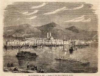 Utsikt over Montreal, tegning av Paul Huet (1803-1869), for å illustrere reisene til Nord-Amerika i 1854-1855, av L. Deville. Gravering i “” Le tour du monde”” 1861. Selvas samling.
