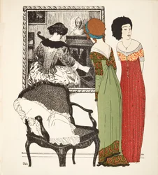 To empire-kjoler fra puben Les Robes de Paul Poiret. 1908 (stensiltrykk)