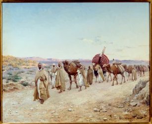 En campingvogn i ørkenen nær Biskra i Algerie i 1892 Maleri av Jean Baptiste Paul Hippolyte Lazerges, dit Paul Lazerges (1845-1902) 1892 Søn. 0,81x1,01 m Nantes, musee des Beaux Arts - En campingvogn i ørkenen nær Biskra, Algerie