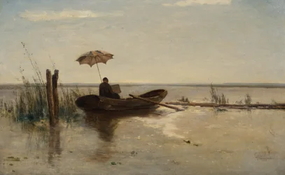 En maler, muligens kunstneren W.B. Tholen, på jobb i en tipper på en solrik dag (olje på lerret)