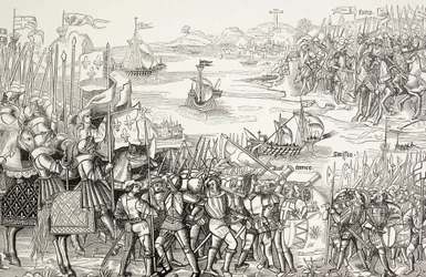 Korsfarerne går i land ved Damietta i Egypt i 1249 under det syvende korstoget.