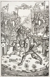 Kong Artus, eller Arthur, beskyttet av Jomfru Maria, i kamp mot en kjempe. Etter et tresnitt i Chroniques De Bretagne, av Alain Bouchard, utgitt 1514.