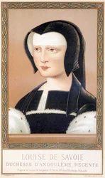 Portrett av Louise de Savoie (1476-1531), hertuginne av Angouleme og Regente av Frankrike. Kromolitografi fra "Louis XII og Anne de Bretagne" av Paul Lacroix, red. Georges Hurtrel